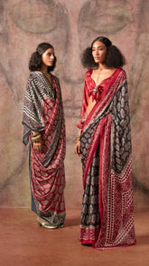 Black and Red Ajrakh Satin Georgette Silk Saree